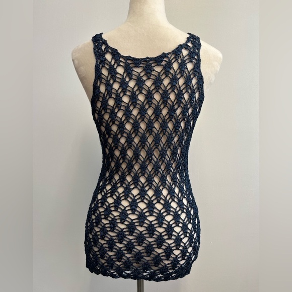 Navy Blue Heavy Knit Nylon Crochet Top Women’s Size Small Crochet Coverup - Picture 8 of 10
